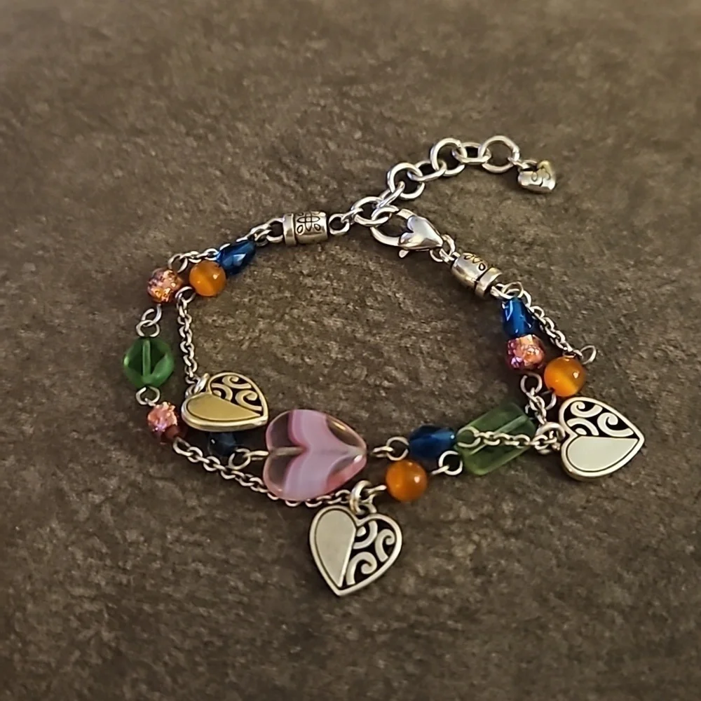 BRIGHTON Deco Bright Glass Beaded Heart Charm Double Chain Bracelet